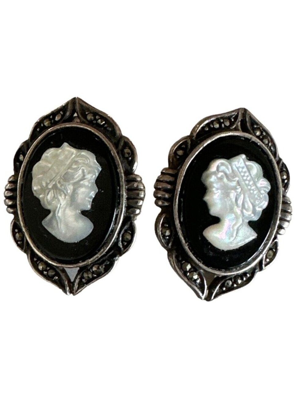 Earrings 925 SU Cameo Black Onyx And Marcasite Signed Jewelry